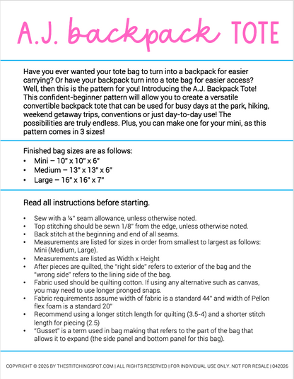 A.J. Backpack Tote Pattern PDF